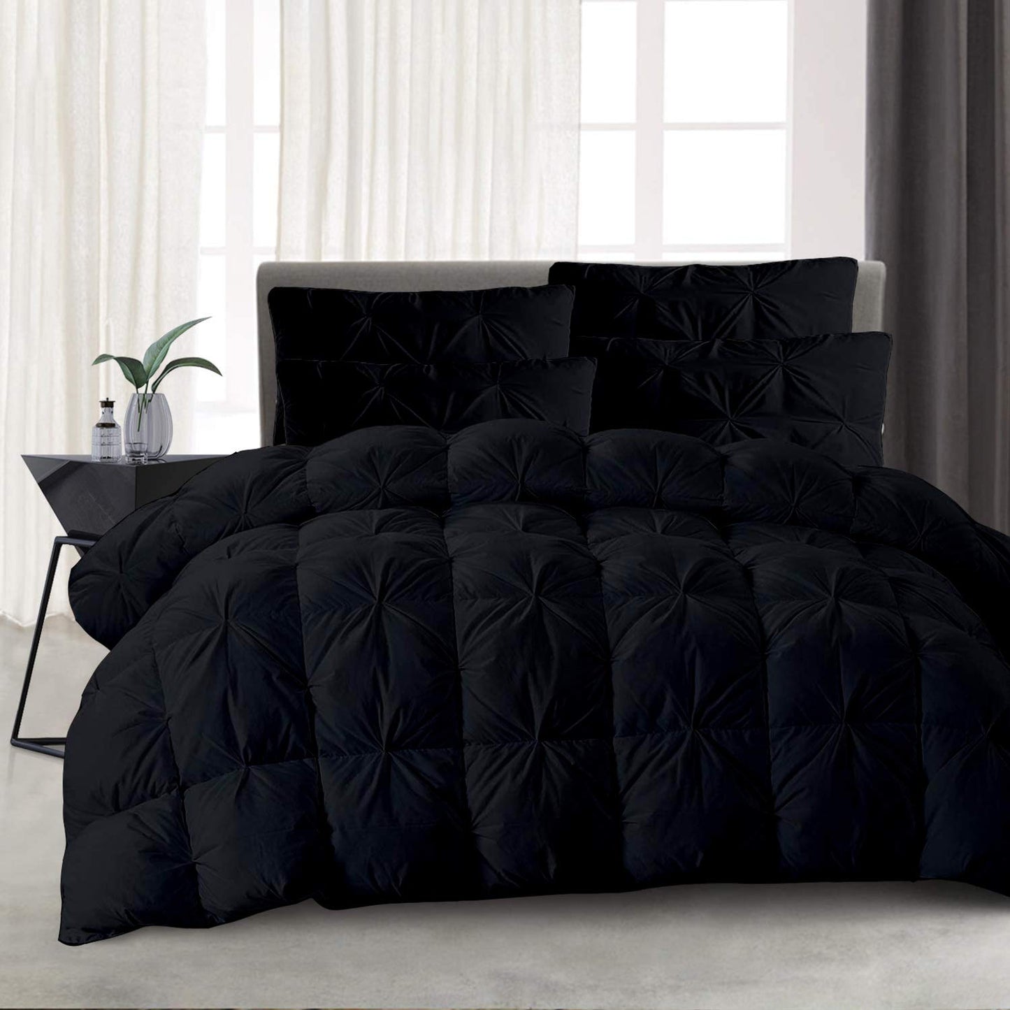Opulence Bedding 5pcs Pinch Pleat Down Alternative Comforter Set (1 Comforter + 4 Pillow Cases) 600 GSM Egyption Cotton 1000TC(Queen Size, Black)