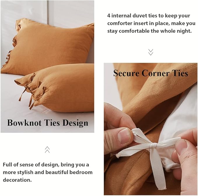 Simple & Opulence 100% Linen Duvet Cover Set 3pcs with Bowknot Ties Closure Natural French Washed Flax Solid Color Soft Breathable Farmhouse Bedding - Rust, King Size