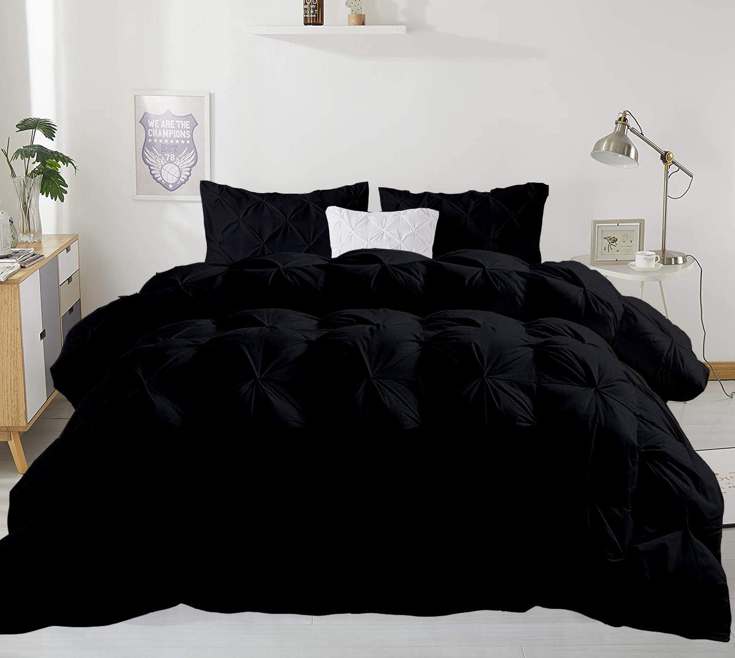 Opulence Bedding 5pcs Pinch Pleat Down Alternative Comforter Set (1 Comforter + 4 Pillow Cases) 600 GSM Egyption Cotton 1000TC(Queen Size, Black)