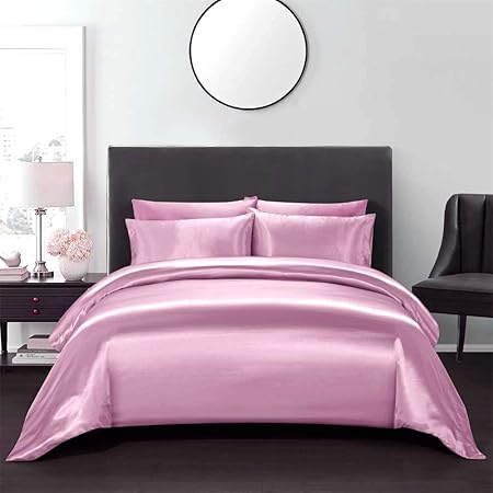 4 Pcs Silk Satin Sheet Set Luxury Bedding Sets, 1 Fitted Sheet, 1 Flat Sheet and 2 Pillow Shams.(Rose Pink,Cal King)