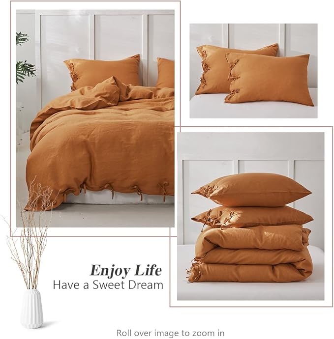 Simple & Opulence 100% Linen Duvet Cover Set 3pcs with Bowknot Ties Closure Natural French Washed Flax Solid Color Soft Breathable Farmhouse Bedding - Rust, King Size