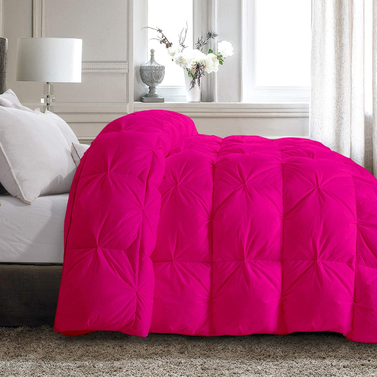 Opulence Bedding 5pcs Pinch Pleat Down Alternative Comforter Set (1 Comforter + 4 Pillow Cases) 600 GSM Egyption Cotton 1000TC(Full XL Size, Hot Pink)