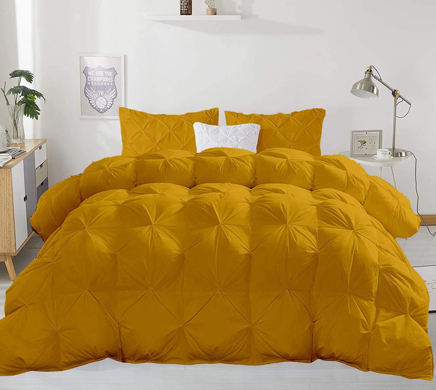 Opulence Bedding 5pcs Pinch Pleat Down Alternative Comforter Set (1 Comforter + 4 Pillow Cases) 600 GSM Egyption Cotton 1000TC(Over Size, Gold)