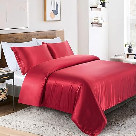 3-Piece Hotel Quality Luxurious Duvet Cover Ultra Soft Silky Satin with 2 Pillowcases(Over Size, Blood Red)