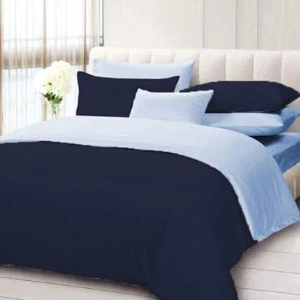 5PC 100% Egyptian Cotton 400 Thread Count Reversible Duvet Set, 1 Piece Duvet Cover with 4 Pillow Cover with Zipper Closure, Navy Blue/Sky Blue