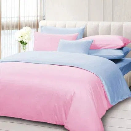 5PC 100% Egyptian Cotton 400 Thread Count Reversible Duvet Set, 1 Piece Duvet Cover with 4 Pillow Cover with Zipper Closure Pink/Sky Blue