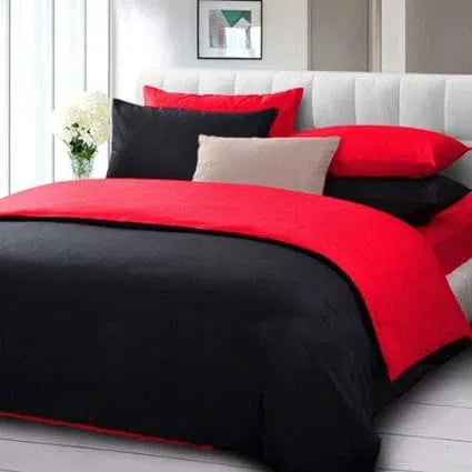 5PC 100% Egyptian Cotton 400 Thread Count Reversible Duvet Set, 1 Piece Duvet Cover with 4 Pillow Cover with Zipper Closure, Red/Black