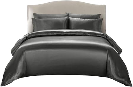 3-Piece Hotel Quality Luxurious Duvet Cover Ultra Soft Silky Satin with 2 Pillowcases(Full Size, Dark Grey)