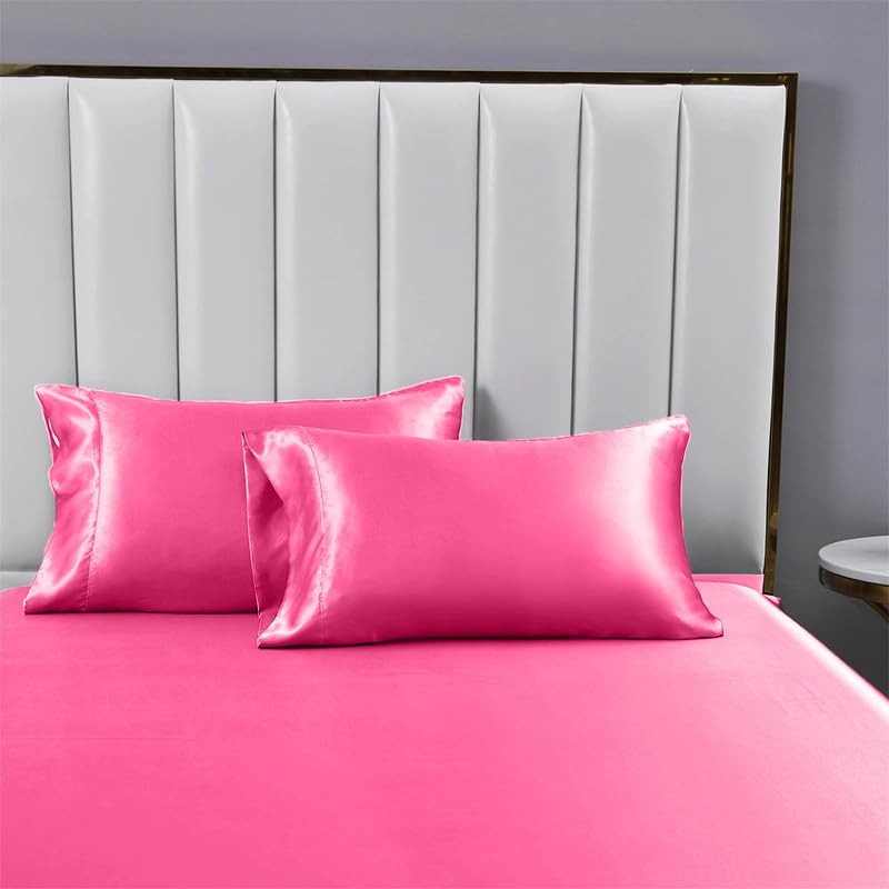 Opulence Bedding Silk Satin Sheets Set Silk Fitted Sheet 19 Inch Deep Pocket | 6 Pc Sheet Set | Silk Flat Sheet & Pillowcases Set. (Full XL Hot Pink)