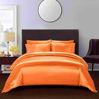 4 Pcs Silk Satin Sheet Set Luxury Bedding Sets, 1 Fitted Sheet, 1 Flat Sheet and 2 Pillow Shams.(Orange,Full)
