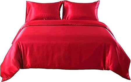 3-Piece Hotel Quality Luxurious Duvet Cover Ultra Soft Silky Satin with 2 Pillowcases(Over Size, Blood Red)