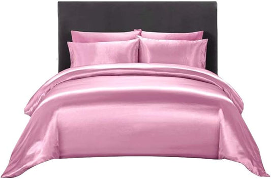 4 Pcs Silk Satin Sheet Set Luxury Bedding Sets, 1 Fitted Sheet, 1 Flat Sheet and 2 Pillow Shams.(Rose Pink,Cal King)