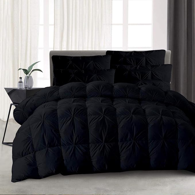 5pcs Pinch Pleat Down Alternative Comforter Set (1 Comforter + 4 Pillow Cases) 600 GSM Egyption Cotton 1000TC(Queen Size, Black)