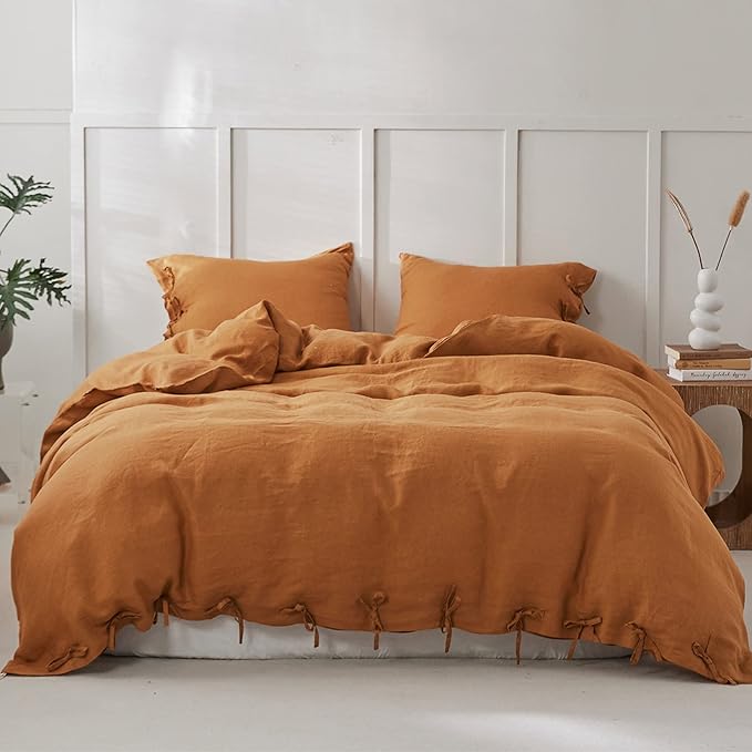Simple & Opulence 100% Linen Duvet Cover Set 3pcs with Bowknot Ties Closure Natural French Washed Flax Solid Color Soft Breathable Farmhouse Bedding - Rust, King Size
