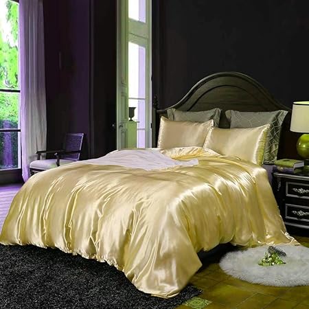 3-Piece Hotel Quality Luxurious Duvet Cover Ultra Soft Silky Satin with 2 Pillowcases(California King Size, Gold)