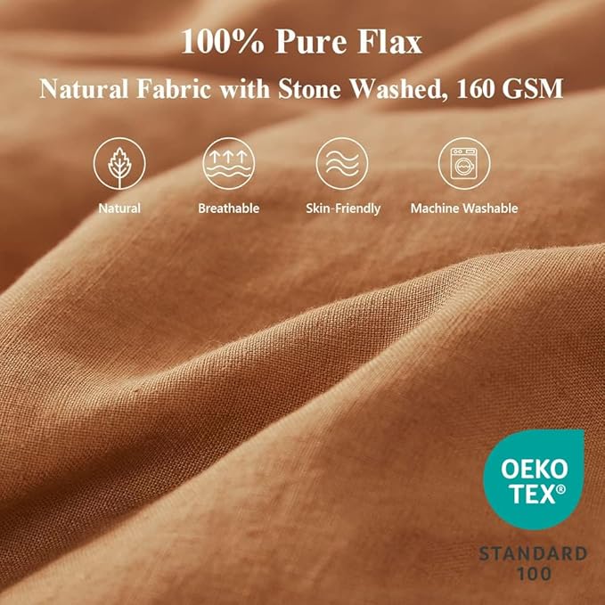 Simple & Opulence 100% Linen Duvet Cover Set 3pcs with Bowknot Ties Closure Natural French Washed Flax Solid Color Soft Breathable Farmhouse Bedding - Rust, King Size