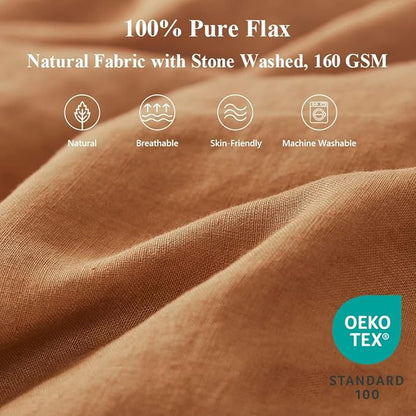 Simple & Opulence 100% Linen Duvet Cover Set 3pcs with Bowknot Ties Closure Natural French Washed Flax Solid Color Soft Breathable Farmhouse Bedding - Rust, King Size