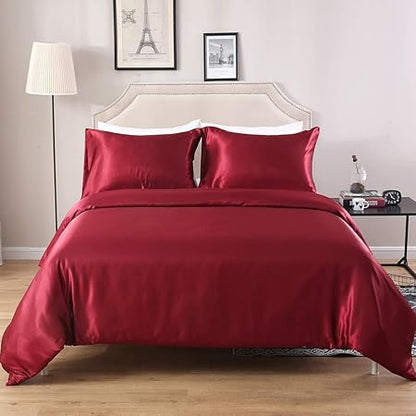 3-Piece Hotel Quality Luxurious Duvet Cover Ultra Soft Silky Satin with 2 Pillowcases(Full XL Size, Burgundy)