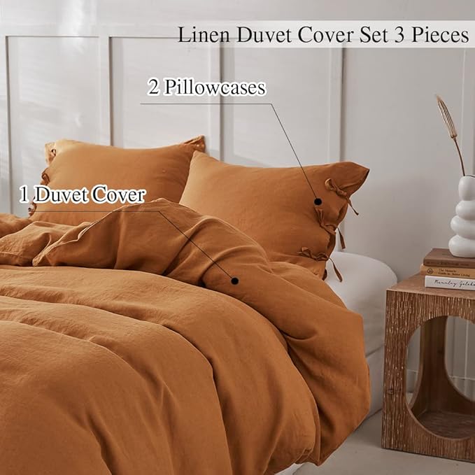 Simple & Opulence 100% Linen Duvet Cover Set 3pcs with Bowknot Ties Closure Natural French Washed Flax Solid Color Soft Breathable Farmhouse Bedding - Rust, King Size