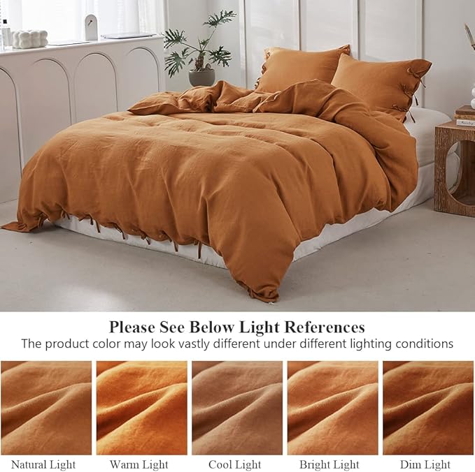 Simple & Opulence 100% Linen Duvet Cover Set 3pcs with Bowknot Ties Closure Natural French Washed Flax Solid Color Soft Breathable Farmhouse Bedding - Rust, King Size