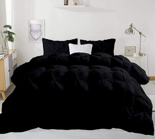 5pcs Pinch Pleat Down Alternative Comforter Set (1 Comforter + 4 Pillow Cases) 600 GSM Egyption Cotton 1000TC(Queen Size, Black)