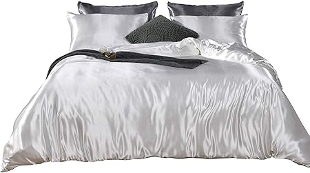 3-Piece Hotel Quality Luxurious Duvet Cover Ultra Soft Silky Satin with 2 Pillowcases(Queen Size, White)