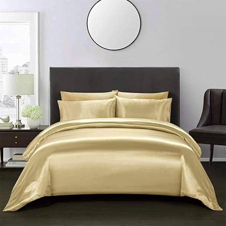 4 Pcs Silk Satin Sheet Set Luxury Bedding Sets, 1 Fitted Sheet, 1 Flat Sheet and 2 Pillow Shams.(Gold,Twin XL)