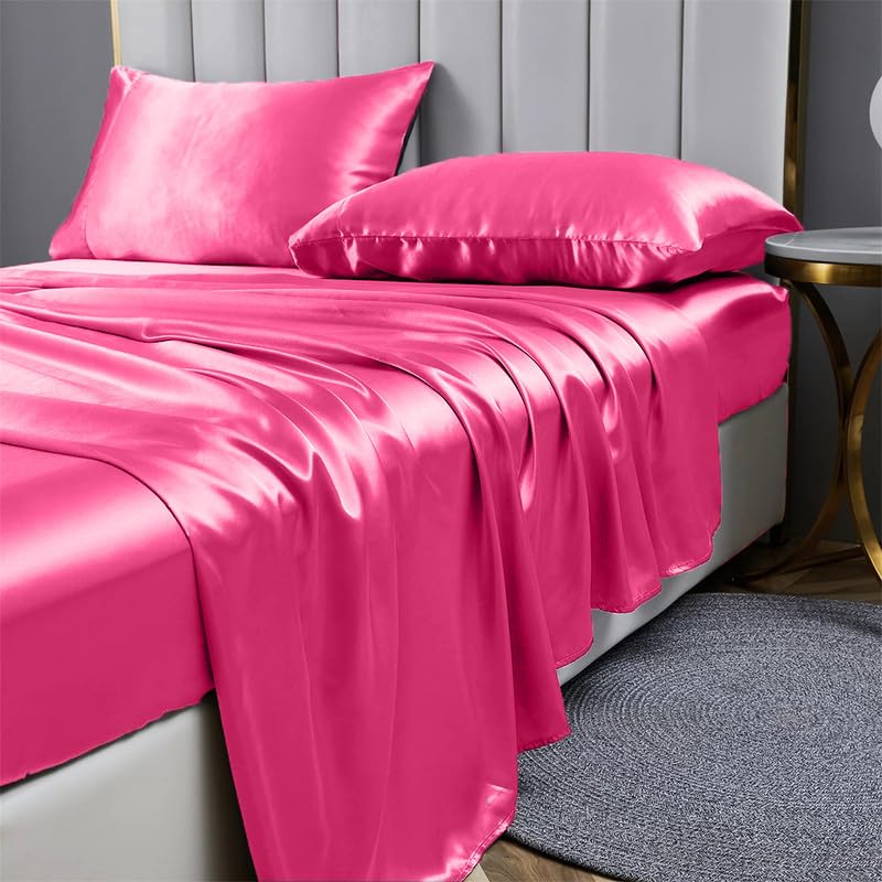 Opulence Bedding Silk Satin Sheets Set Silk Fitted Sheet 19 Inch Deep Pocket | 6 Pc Sheet Set | Silk Flat Sheet & Pillowcases Set. (Full XL Hot Pink)