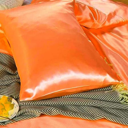 4 Pcs Silk Satin Sheet Set Luxury Bedding Sets, 1 Fitted Sheet, 1 Flat Sheet and 2 Pillow Shams.(Orange,Full)