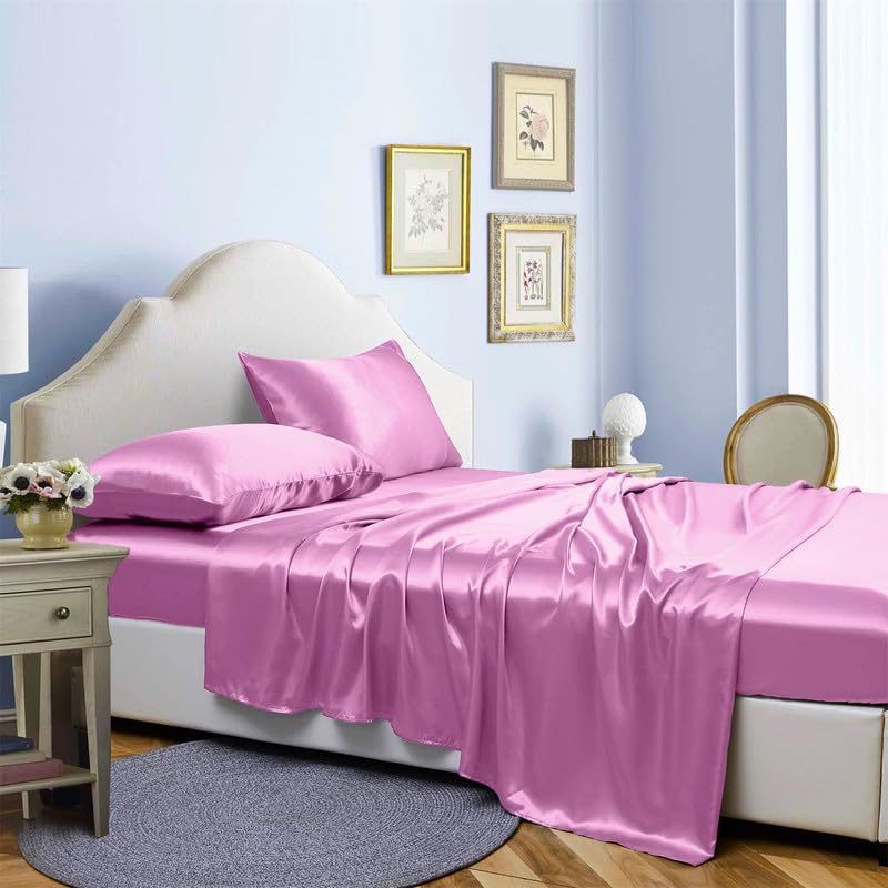 Opulence Bedding Silk Satin Sheets Set Silk Fitted Sheet 19 Inch Deep Pocket | 6 Pc Sheet Set | Silk Flat Sheet & Pillowcases Set. (Full Pink)