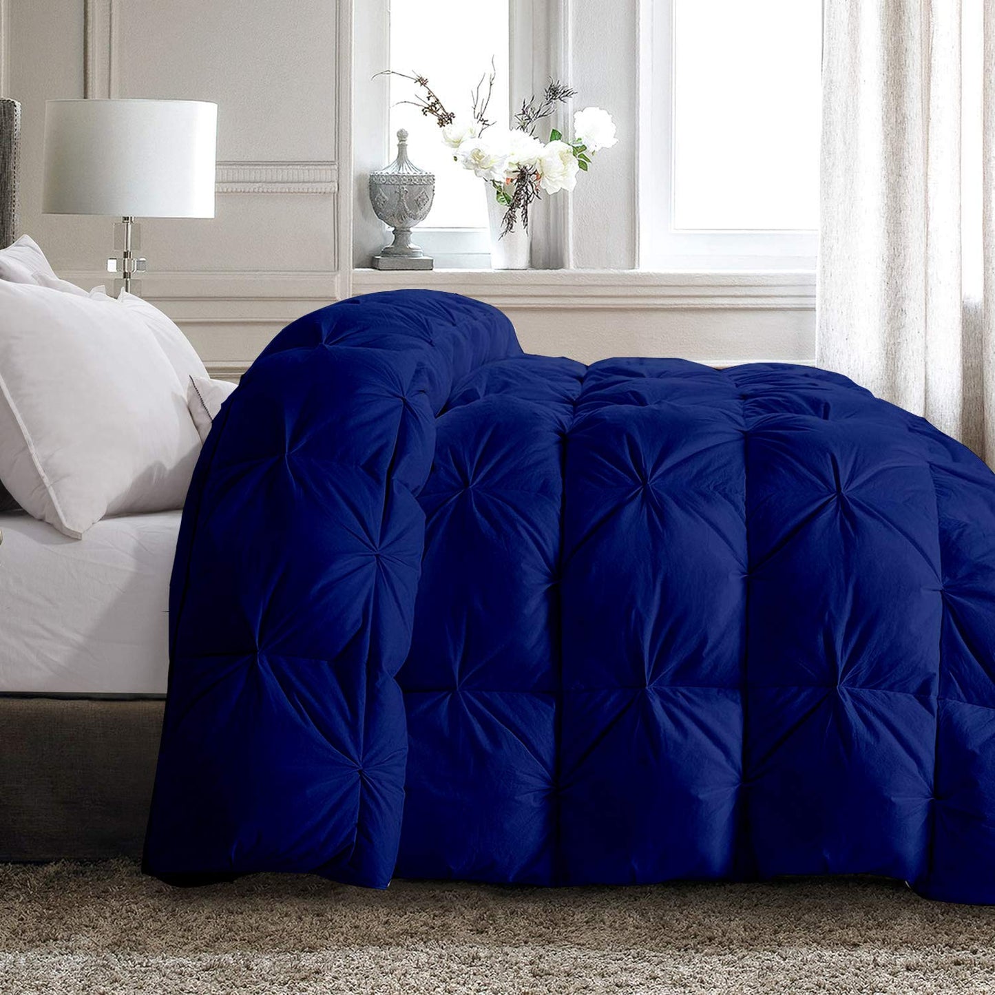 Opulence Bedding 5pcs Pinch Pleat Down Alternative Comforter Set (1 Comforter + 4 Pillow Cases) 600 GSM Egyption Cotton 1000TC(Over Size, Royal Blue)