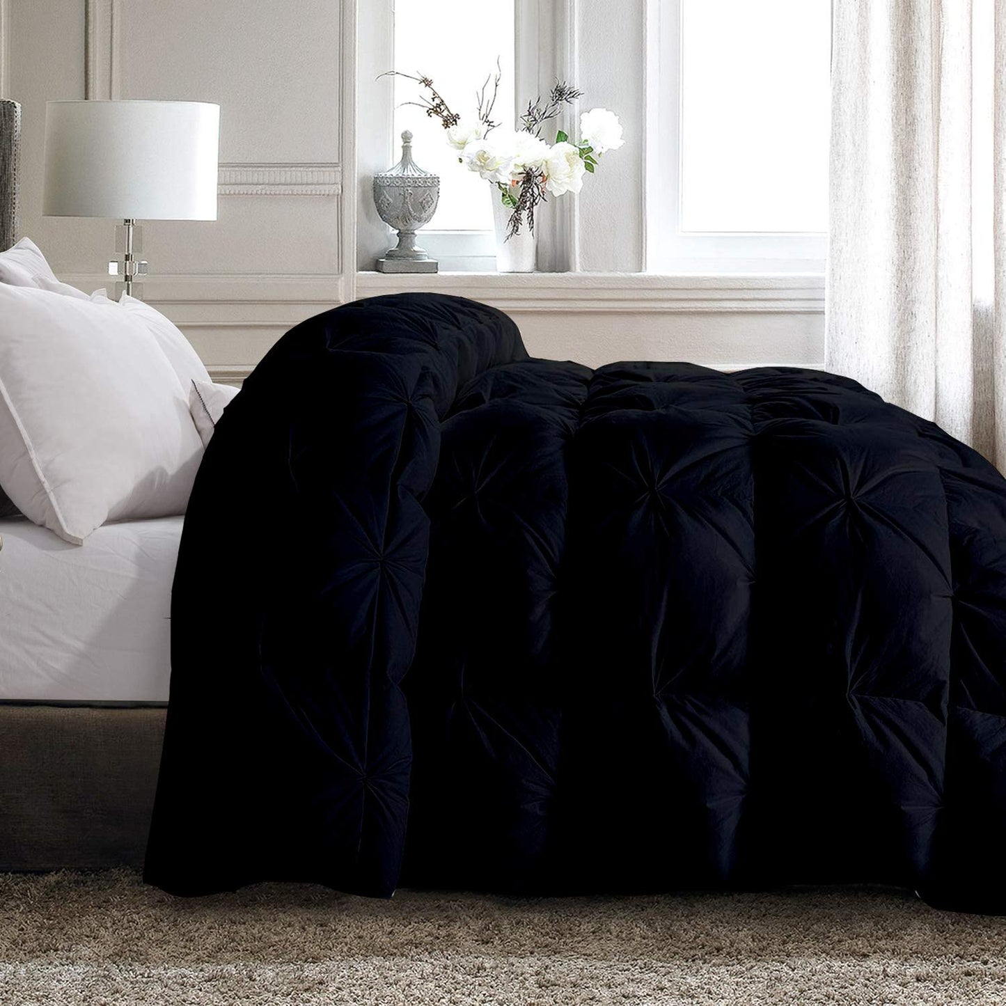 Opulence Bedding 5pcs Pinch Pleat Down Alternative Comforter Set (1 Comforter + 4 Pillow Cases) 600 GSM Egyption Cotton 1000TC(Queen Size, Black)