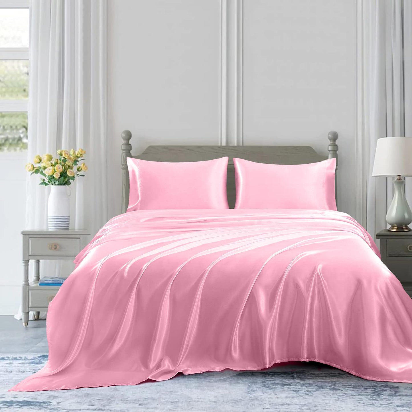 Opulence Bedding Silk Satin Sheets Set Silk Fitted Sheet 19 Inch Deep Pocket | 6 Pc Sheet Set | Silk Flat Sheet & Pillowcases Set. (Queen Pink)