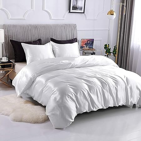 3-Piece Hotel Quality Luxurious Duvet Cover Ultra Soft Silky Satin with 2 Pillowcases(Queen Size, White)