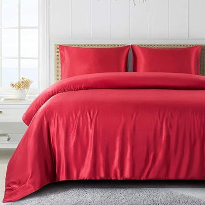 3-Piece Hotel Quality Luxurious Duvet Cover Ultra Soft Silky Satin with 2 Pillowcases(Over Size, Blood Red)