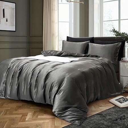 3-Piece Hotel Quality Luxurious Duvet Cover Ultra Soft Silky Satin with 2 Pillowcases(Full Size, Dark Grey)