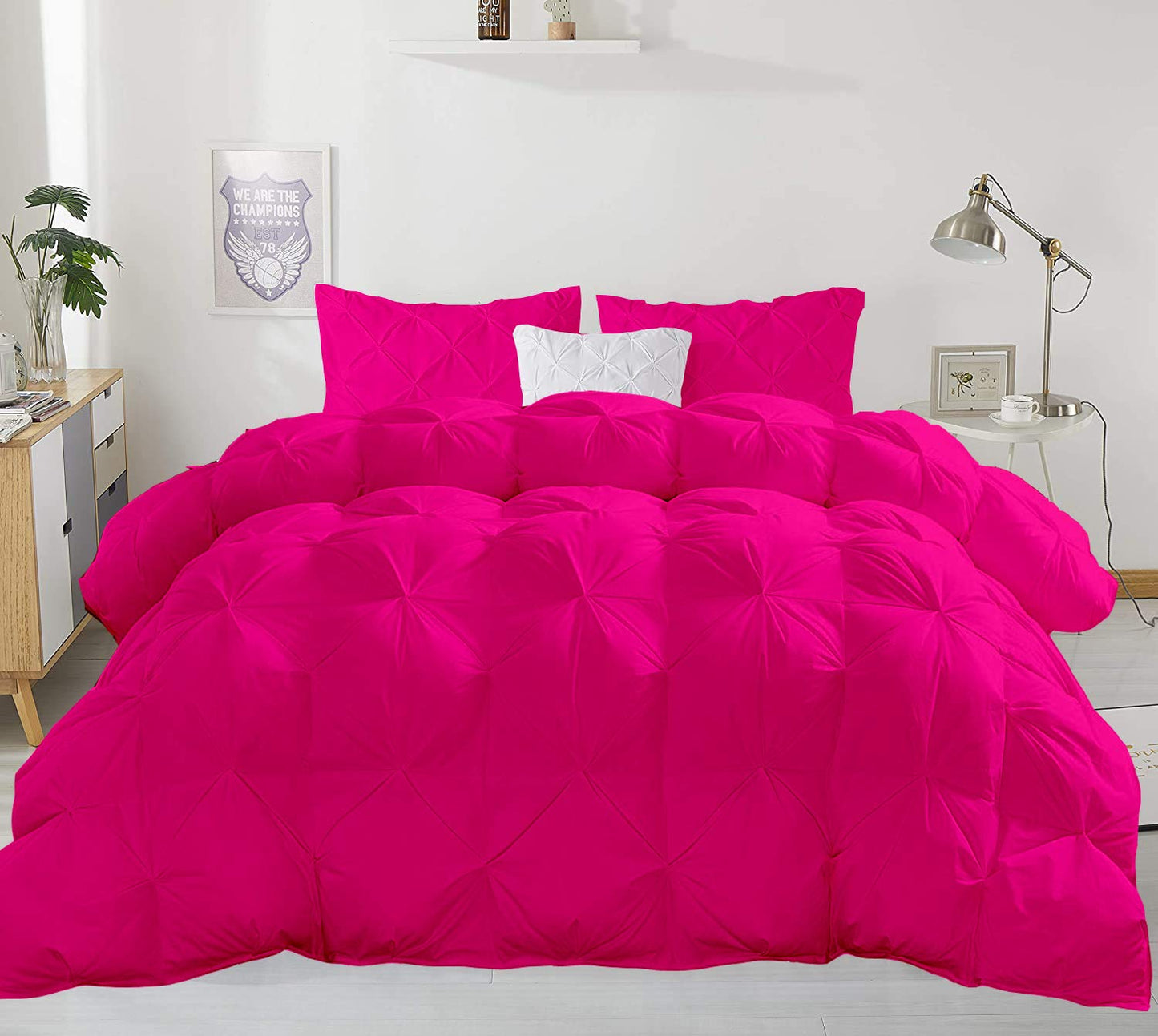 Opulence Bedding 5pcs Pinch Pleat Down Alternative Comforter Set (1 Comforter + 4 Pillow Cases) 600 GSM Egyption Cotton 1000TC(Full XL Size, Hot Pink)