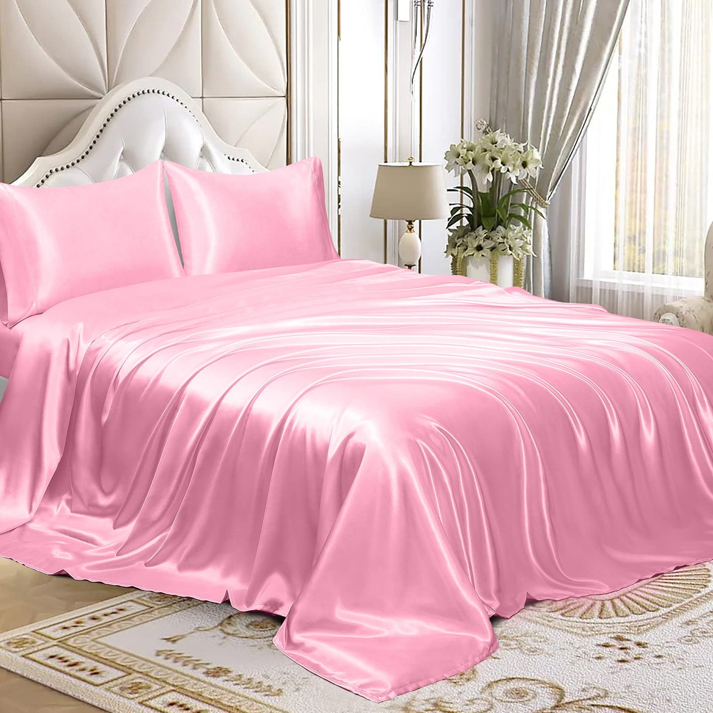 Opulence Bedding Silk Satin Sheets Set Silk Fitted Sheet 19 Inch Deep Pocket | 6 Pc Sheet Set | Silk Flat Sheet & Pillowcases Set. (Queen Pink)