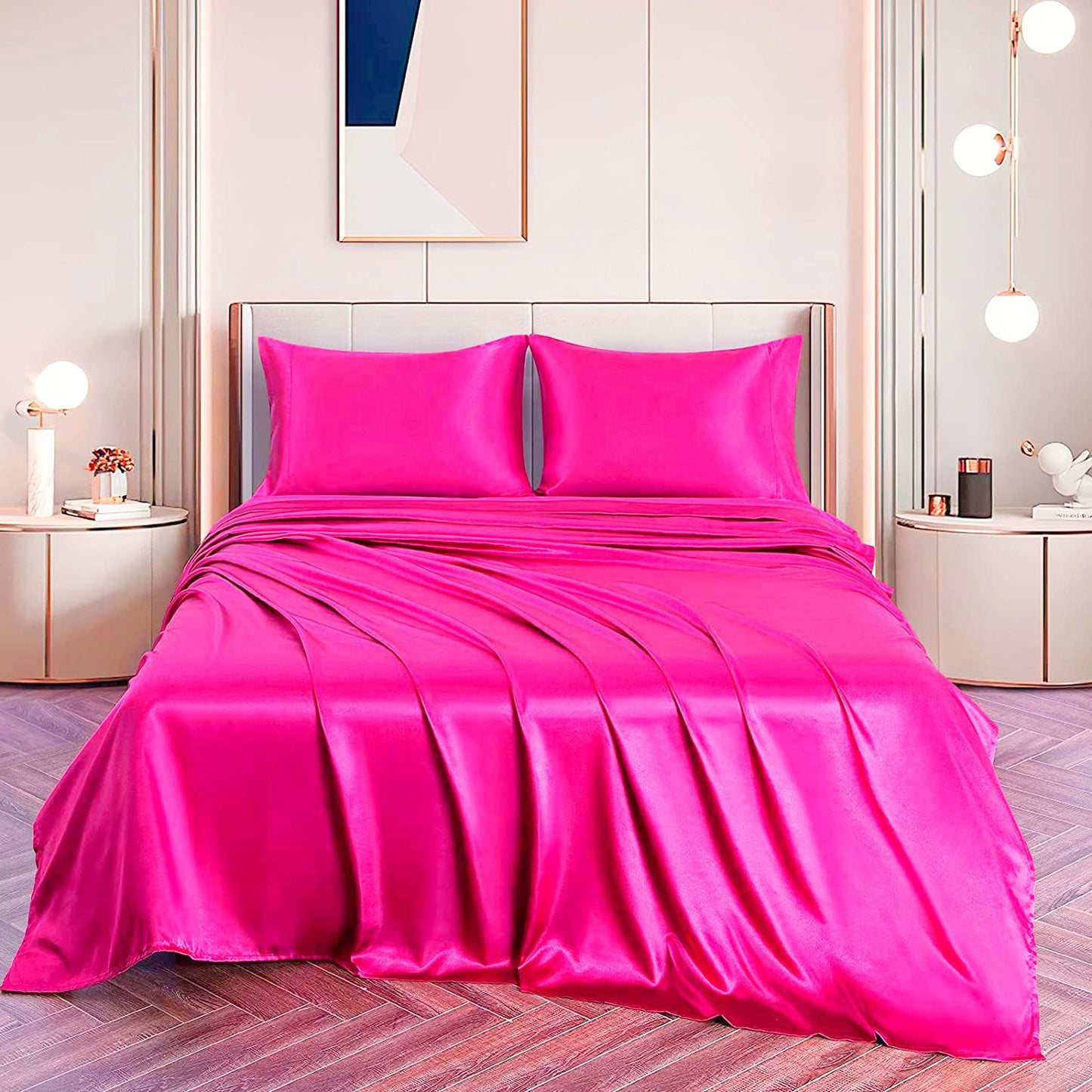 Opulence Bedding Silk Satin Sheets Set Silk Fitted Sheet 19 Inch Deep Pocket | 6 Pc Sheet Set | Silk Flat Sheet & Pillowcases Set. (Full XL Hot Pink)