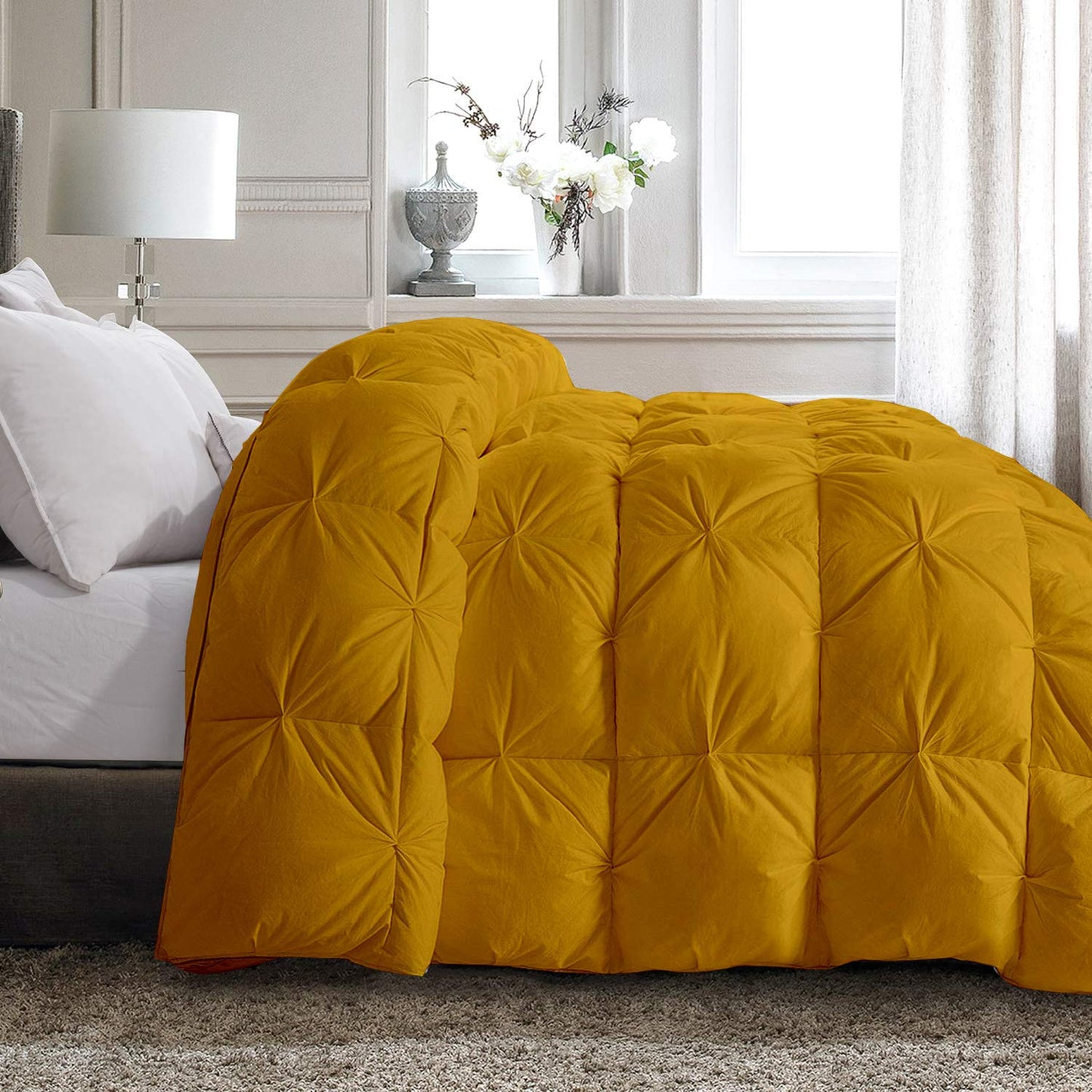 Opulence Bedding 5pcs Pinch Pleat Down Alternative Comforter Set (1 Comforter + 4 Pillow Cases) 600 GSM Egyption Cotton 1000TC(Over Size, Gold)