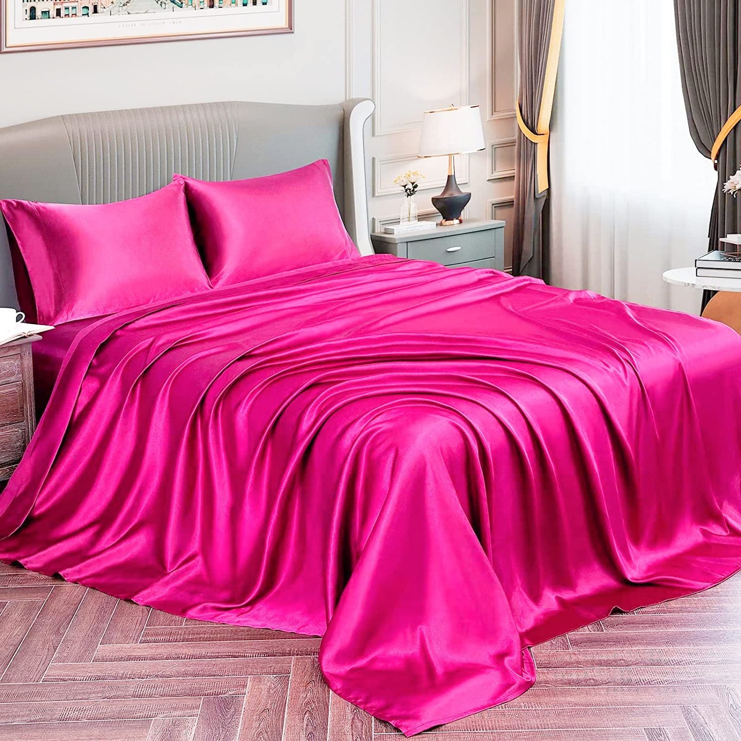 Opulence Bedding Silk Satin Sheets Set Silk Fitted Sheet 19 Inch Deep Pocket | 6 Pc Sheet Set | Silk Flat Sheet & Pillowcases Set. (Full XL Hot Pink)